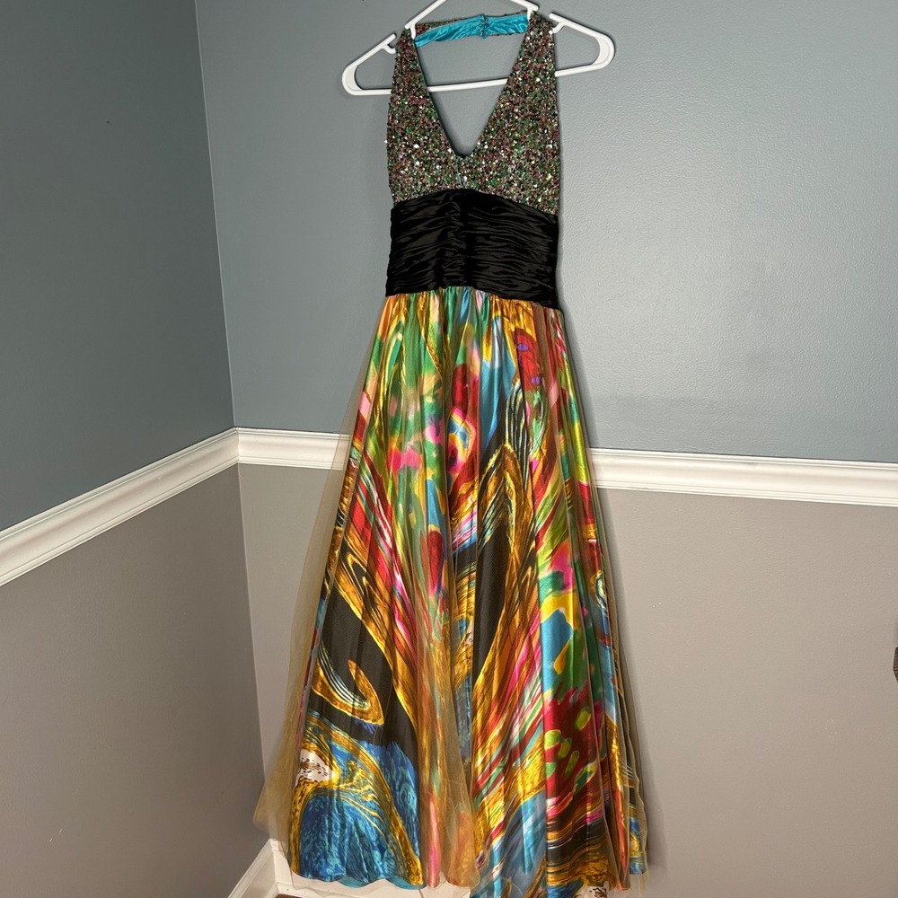 Cinderella Divine Halter Gown Sequin Beaded Abstract art Print Prom Dress Y2K - Picture 10 of 14